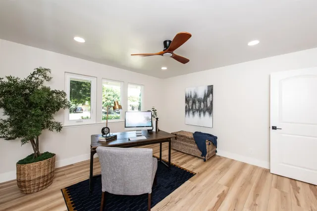 a living room with furniture and a potted plant