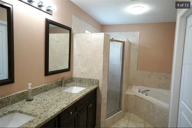 a bathroom with a granite countertop bathtub shower sink and mirror
