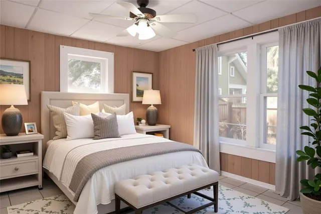 a bed room with a bed and a window