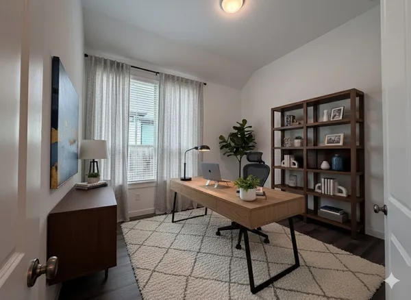 a view of a workspace with furniture and a potted plant