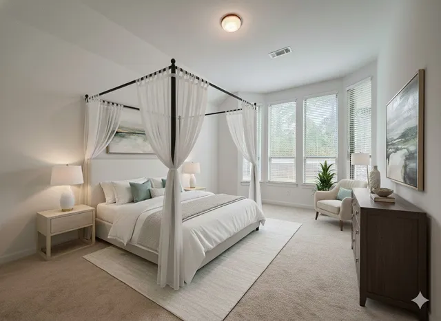 a bedroom with a bed couch and window