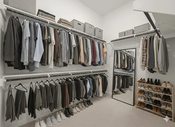 a view of walk in closet with clothes and shoes