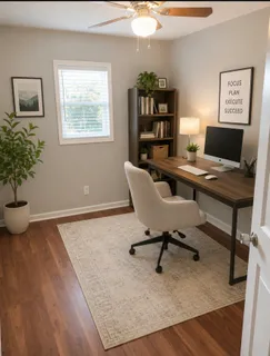 a workspace with furniture and a potted plant