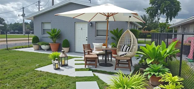 a garden view with a seating space