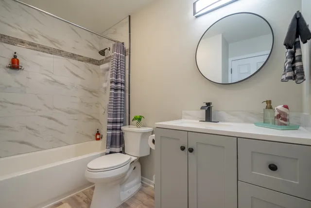 a bathroom with a toilet a sink a mirror a bathtub and vanity