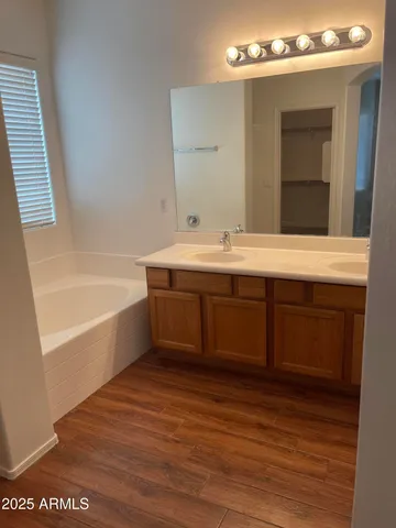 a bathroom with a tub sink and mirror