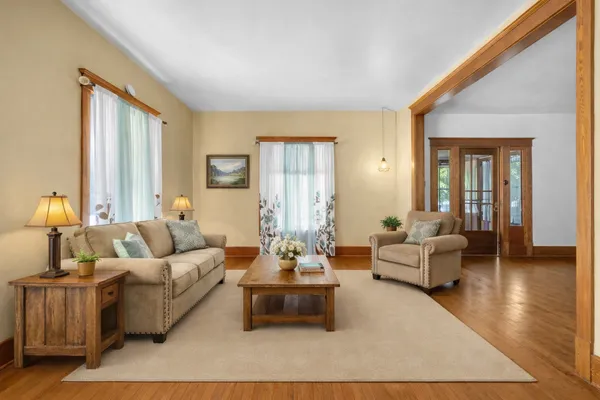 a view of a dining room with furniture