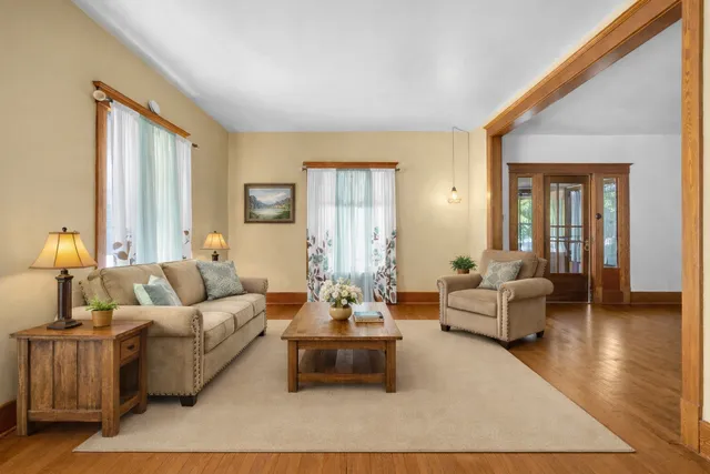 a view of a dining room with furniture