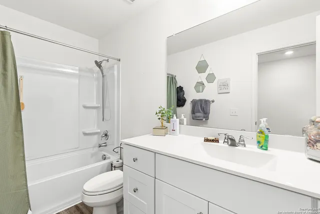 a bathroom with a sink a toilet a mirror a vanity and shower