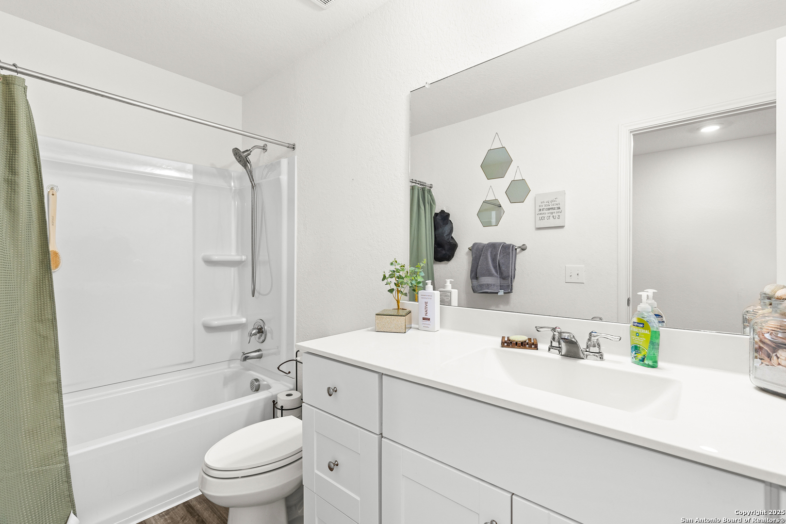 5259 Winding Streme St. Hedwig, TX 78152 - Photo 16 of 24 a bathroom with a sink a toilet a mirror a vanity and shower