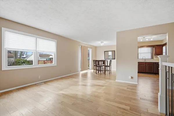 a view of a dining room with furniture