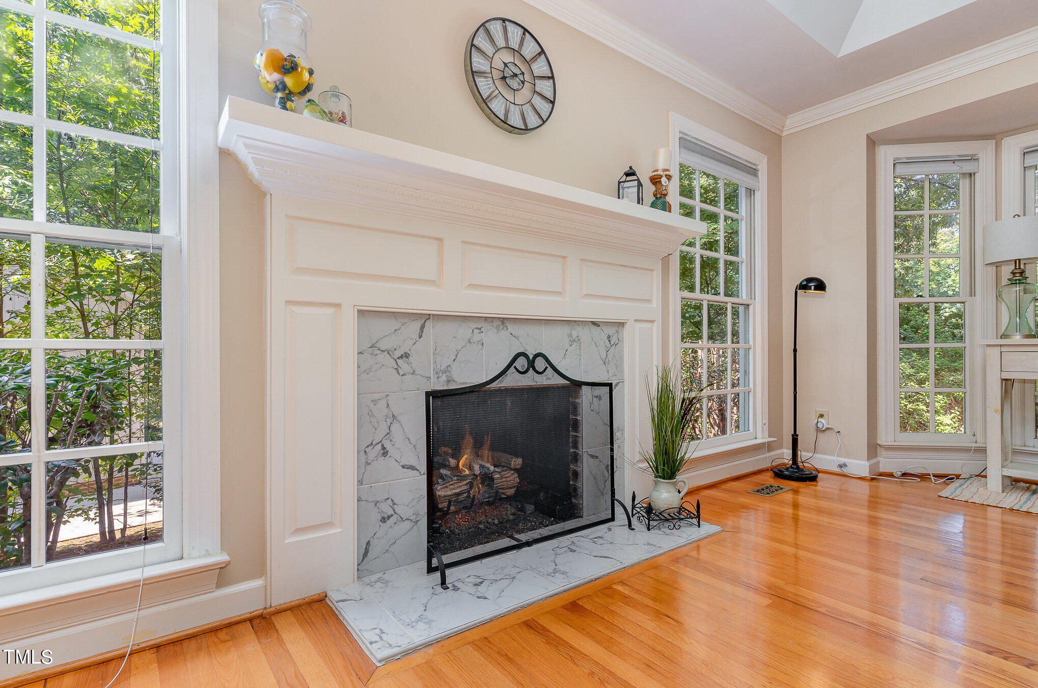 109 Lochfield Drive Cary, NC 27518 - Photo 12 of 43 a living room with a fireplace and a floor to ceiling window
