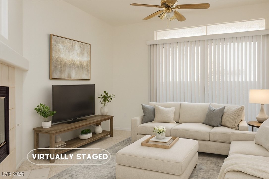 7400 West Flamingo Road, Unit 1033 Las Vegas, NV 89147 - Photo 2 of 29 Virtually Staged living room, two way fireplace