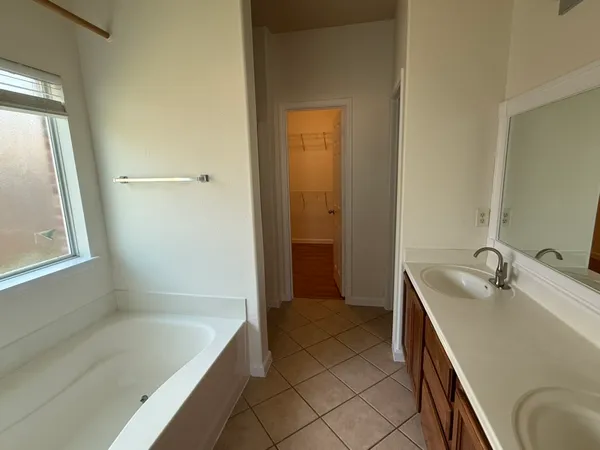 a bathroom with a tub sink and mirror
