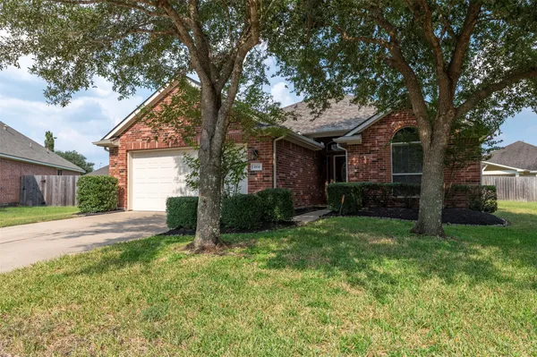 a backyard of a house with plants and large tree