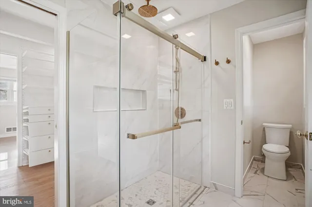 a bathroom with a shower and a toilet