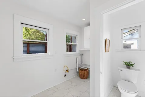 a bath room with a toilet and a potted plant