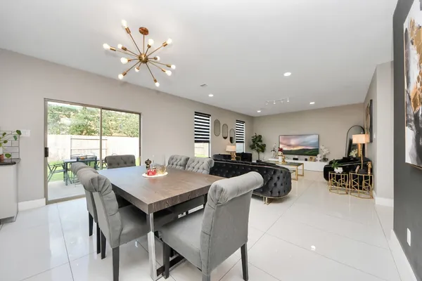 a view of a dining room with furniture window and outside view