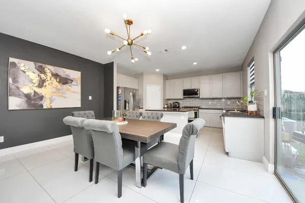 a view of a dining room with furniture window and outside view
