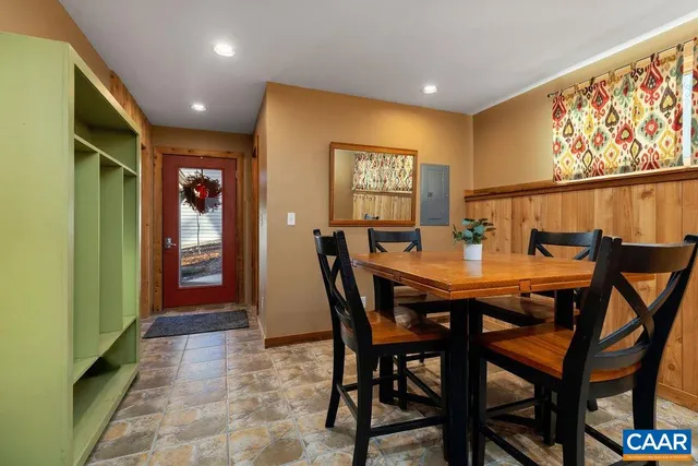 a view of a dining room with furniture