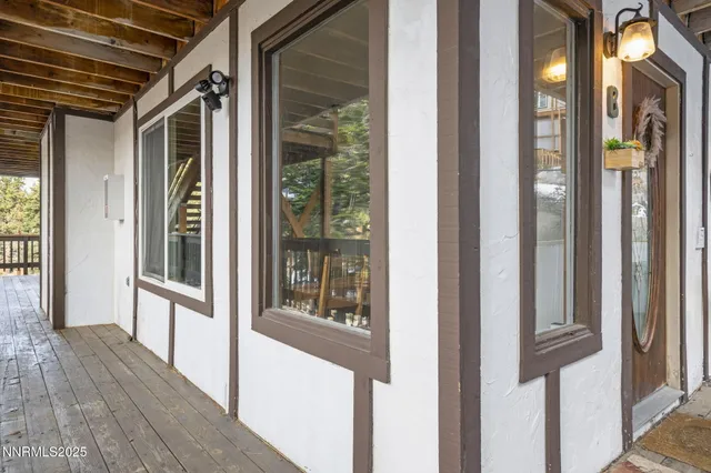 a view of a porch of a house