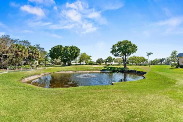 a view of a swimming pool and trees in the background