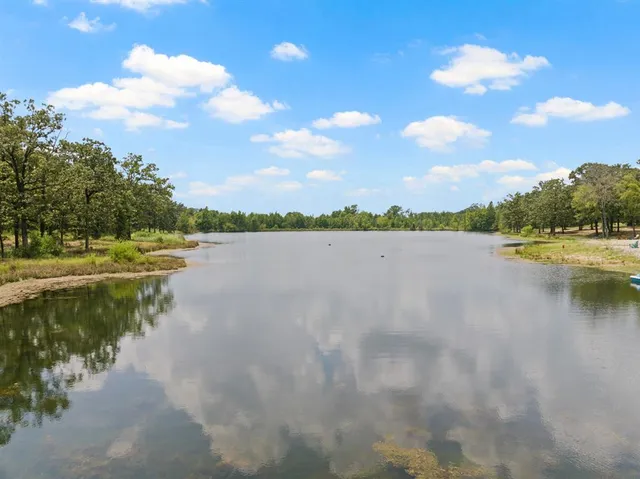 a view of a lake with houses in the background