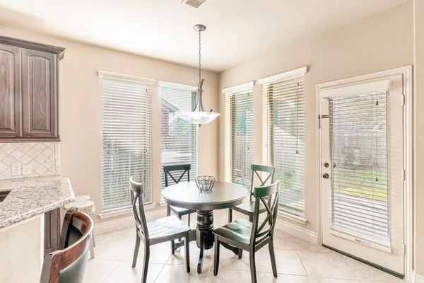 a view of a dining room with furniture window and outside view