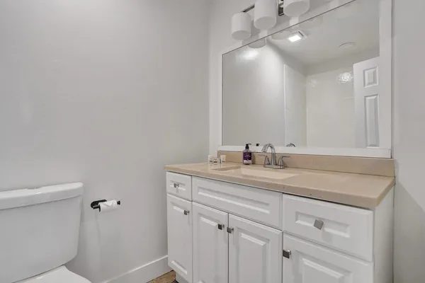 a bathroom with a sink vanity and a toilet