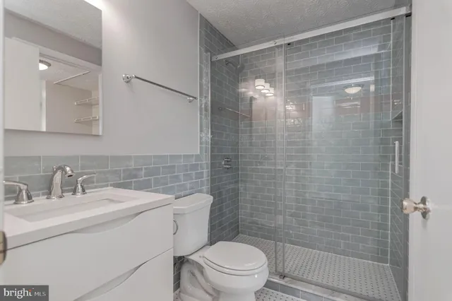 a bathroom with a shower a toilet and a sink