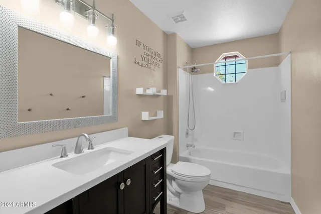 a bathroom with a bathtub shower sink vanity and toilet