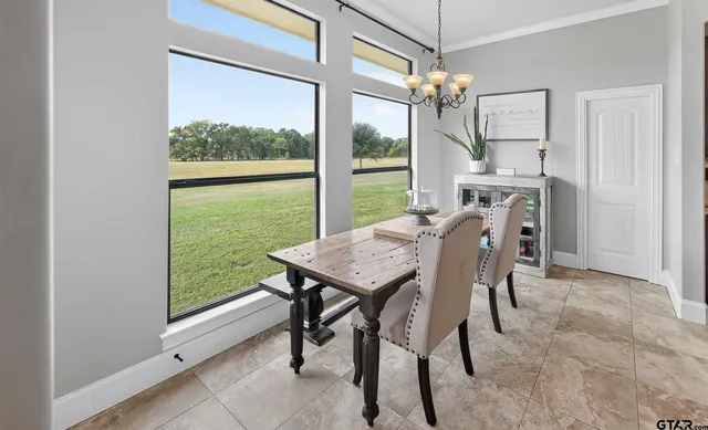 a view of a dining room with furniture window and outside view