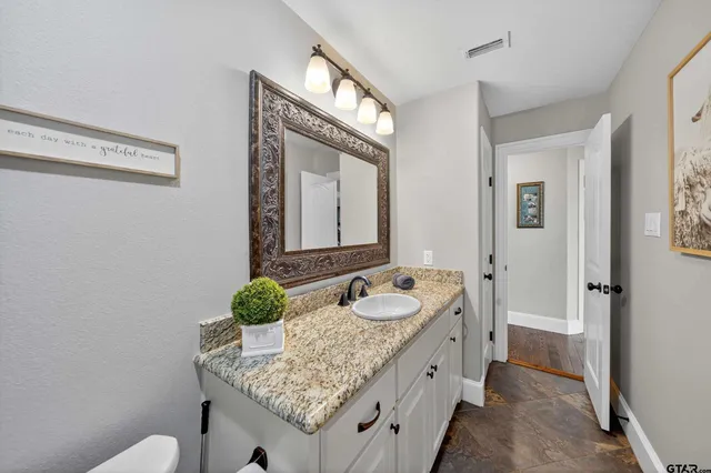 a bathroom with a granite countertop sink and a mirror