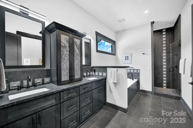 a bathroom with a bathtub and a shower