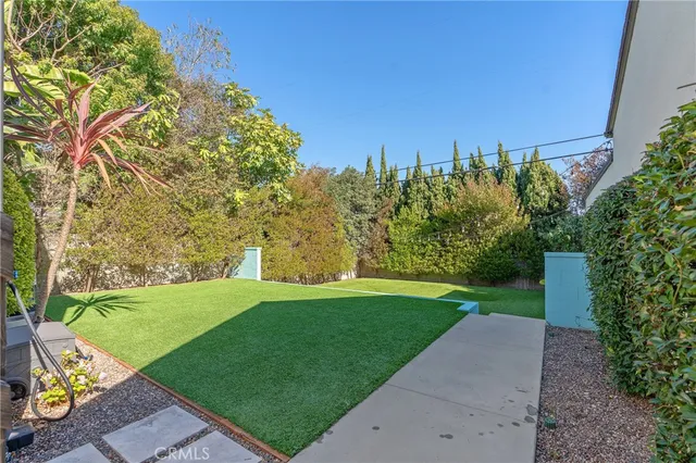 a view of a backyard with plants and a garden