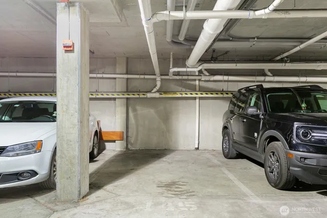 a view of a garage with storage