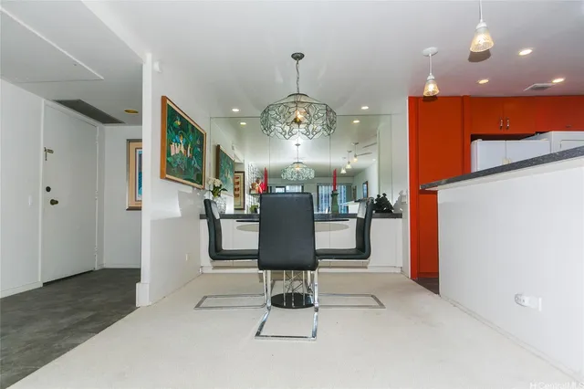 a view of a dining room with furniture
