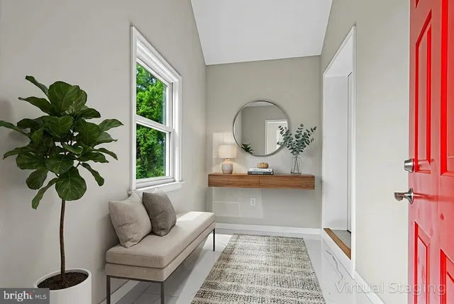 a living room with furniture and a potted plant