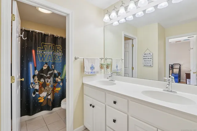 a bathroom with a sink vanity and a mirror