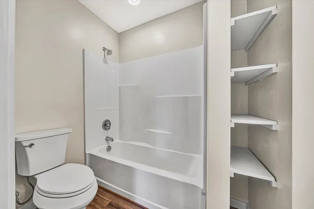 a bathroom with a toilet and a bath tub