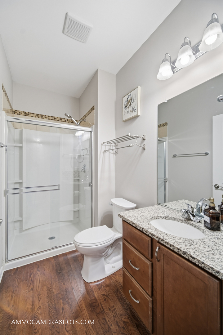 4308 Fraser Circle Naperville, IL 60564 - Photo 31 of 43 a bathroom with a granite countertop sink toilet a mirror and shower