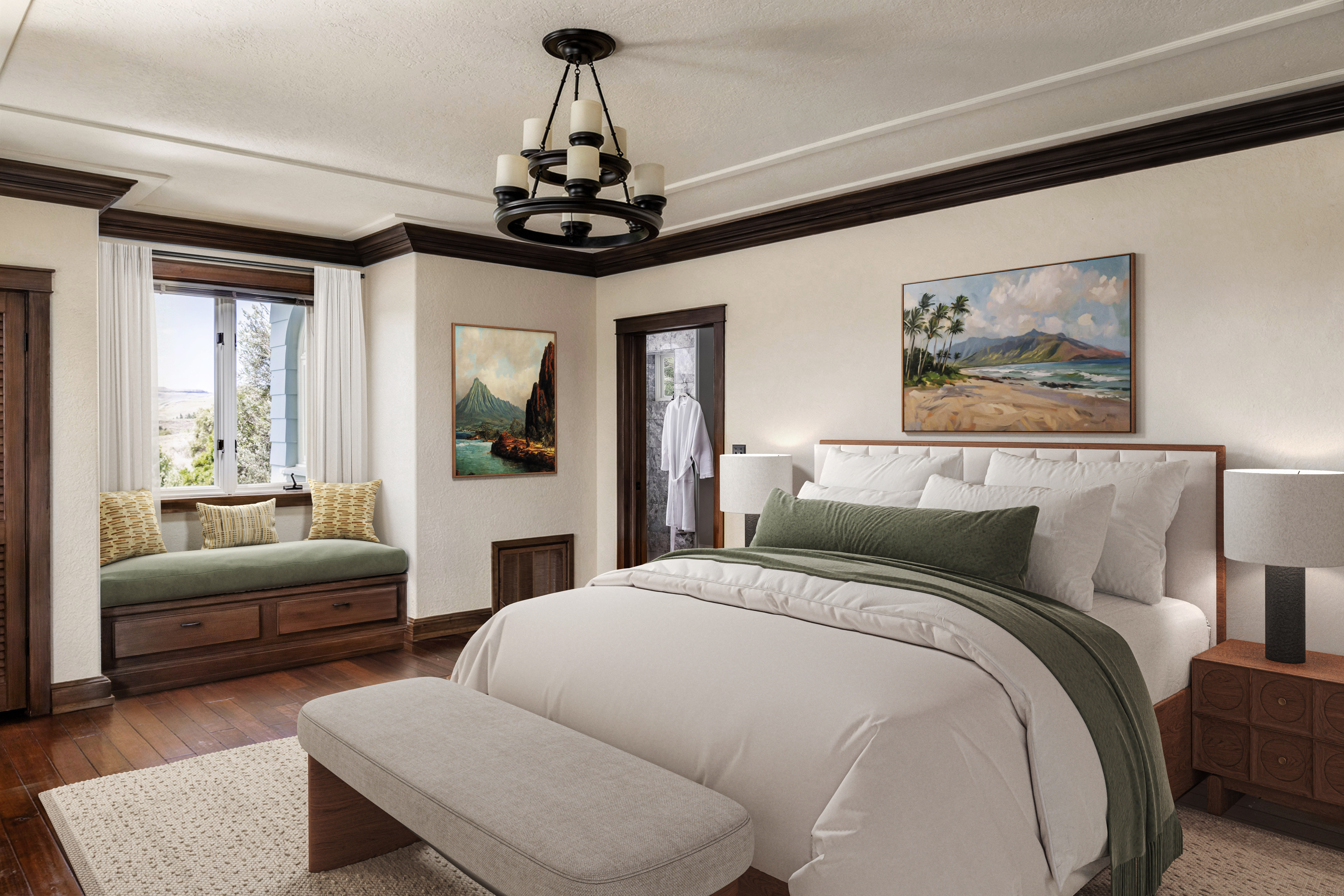 65-1508 Kawaihae Road Kamuela, HI 96743 - Photo 14 of 28 a bedroom with a large bed and a chandelier