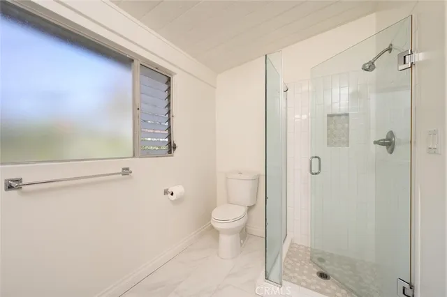a bathroom with a shower and a toilet