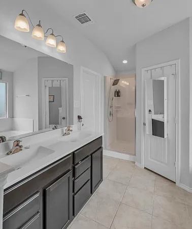 a bathroom with a sink a vanity a shower and a mirror