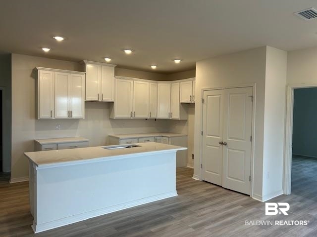 18127 Kent Circle Foley, AL 36535 - Photo 6 of 8 Kitchen featuring white cabinets, dark wood finished floors, a center island with sink, and recessed lighting
