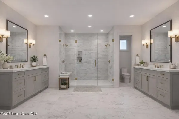 a bathroom with a double vanity sink shower and a mirror