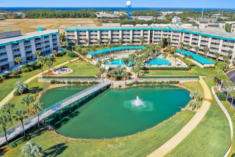 an aerial view of a pool