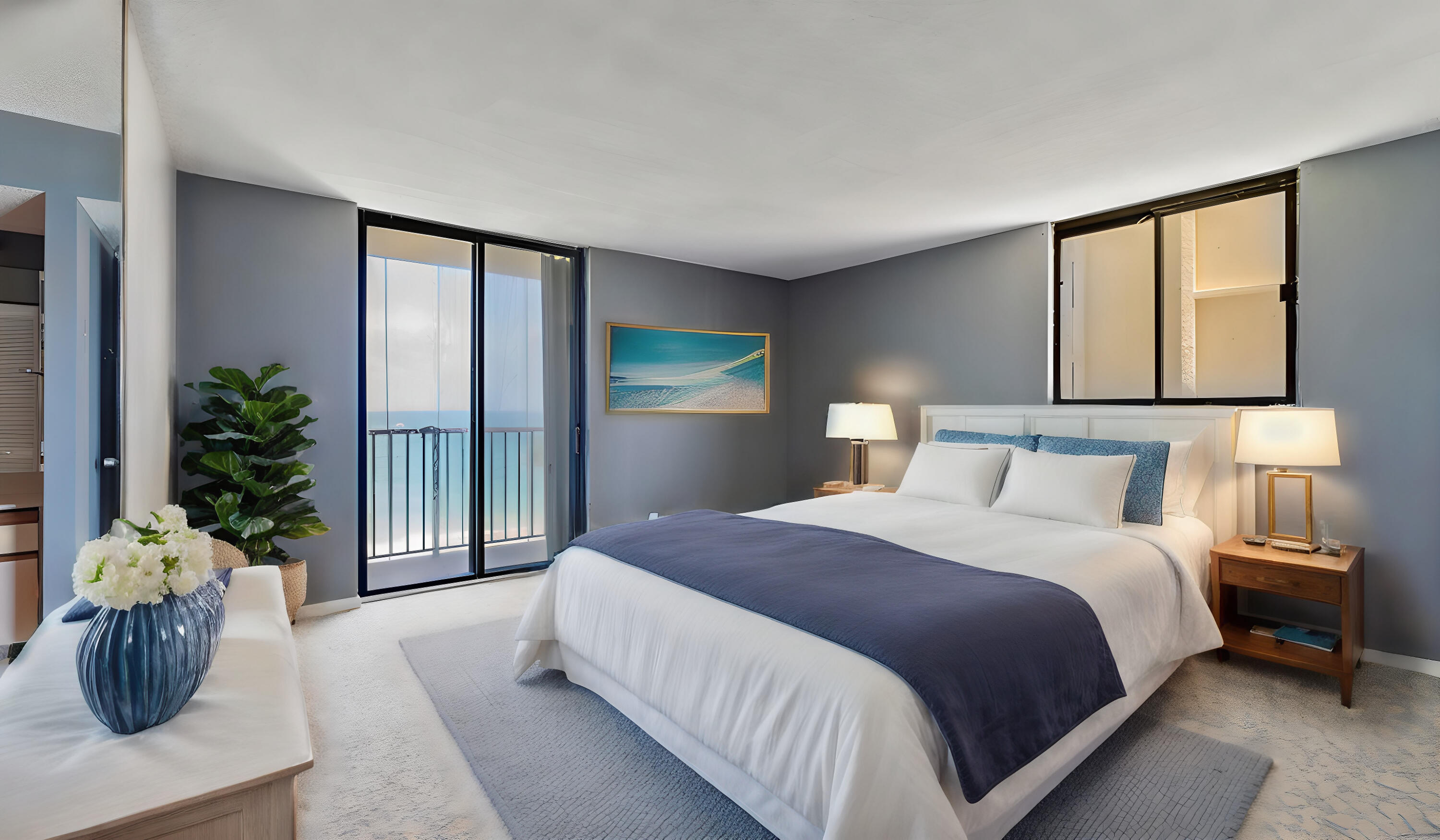 300 Ocean Trail Way, Unit 401 Jupiter, FL 33477 - Photo 14 of 41 a bedroom with a large bed and potted plant