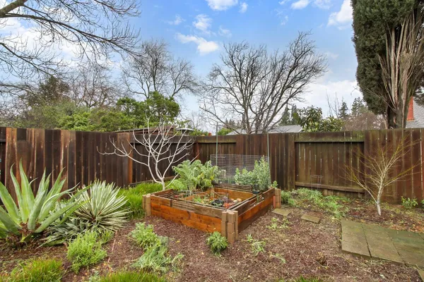 a garden with wooden fence