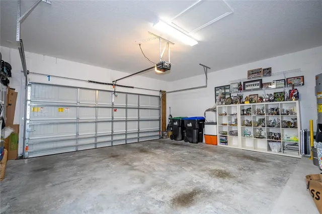 a view of a garage with storage